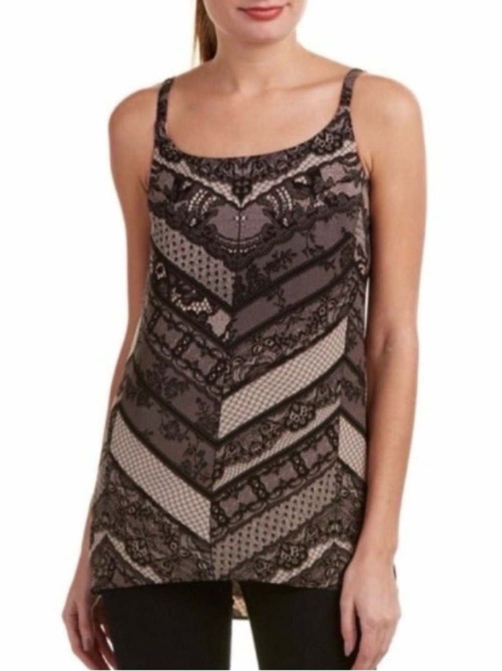 Cabi | Tan/Black Lace Print Monaco Sleeveless Blouse Cami Tank Tunic #3278 Sz XS